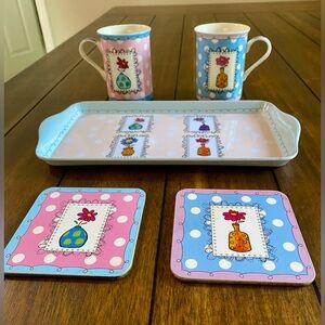 NWOT “Set of Pastel Pink / Light Blue Mugs, Tray & 2 Coasters”